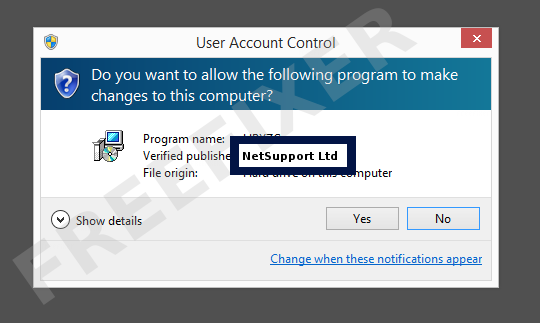 Screenshot where NetSupport Ltd appears as the verified publisher in the UAC dialog